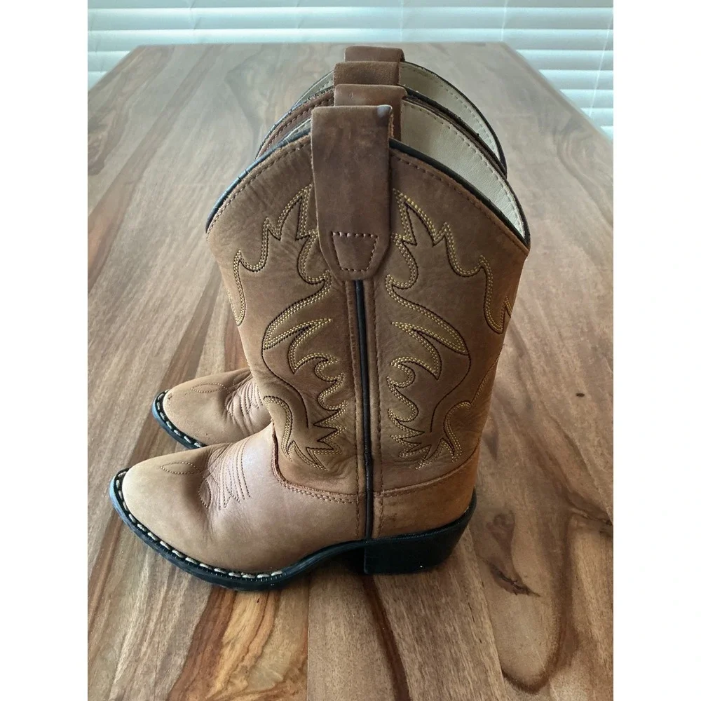 Old West Kids Leather Cowboy Boots Tan Brown Western Stitch 8129 Size 10D